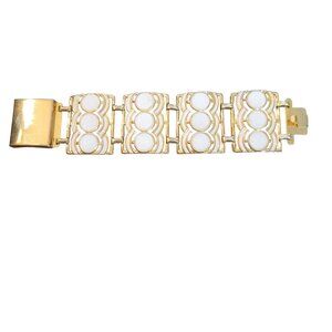 Vintage Gold White Enamel Link Bracelet Retro Geometric Design Bold Statement